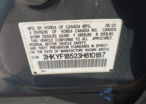 2003 Honda Pilot Ex-L из США, поврежденный, VIN 2HKYF18523H610187